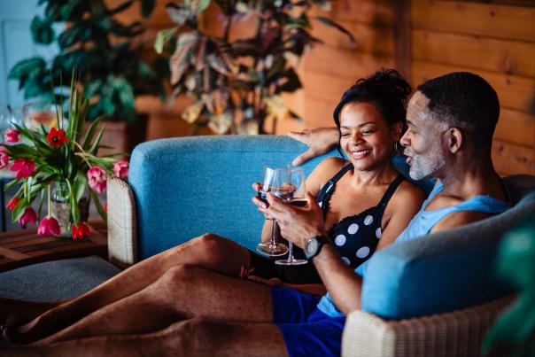 A couple enjoys time by the pool at the French Manor Inn and Spa in the Poconos.