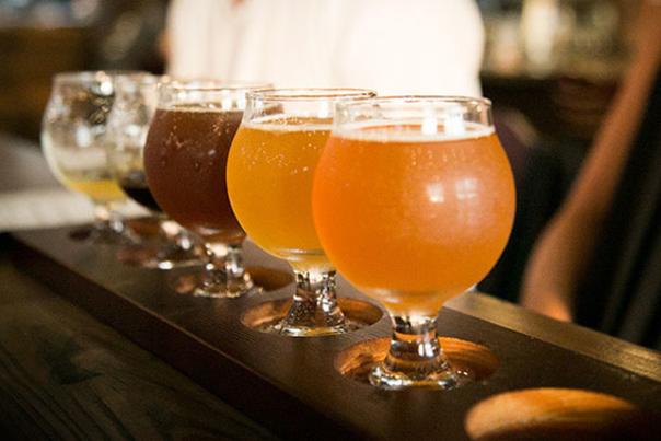 Flight of five beers in tulip glasses from BrewLab Brewery + Kitchen in Downtown OP.