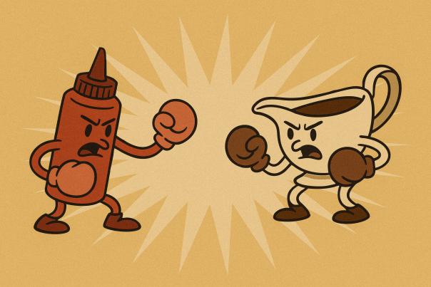 A ketchup bottle and ladle of gravy with boxing gloves on ready to battle over which is better on an Upper Peninsula pasty.