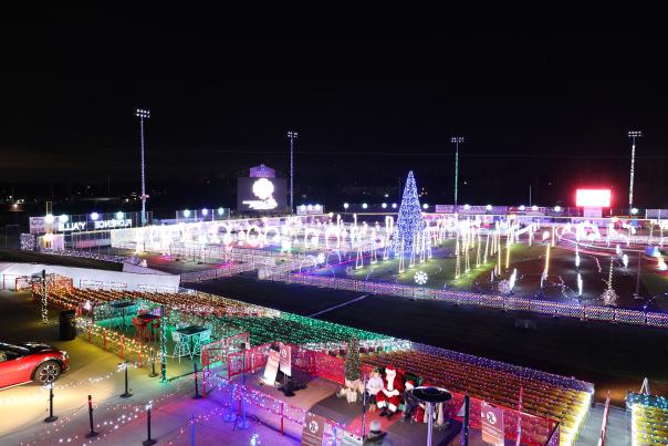 Image is of inside Thomas More Stadium lit up by millions of holiday Lights.