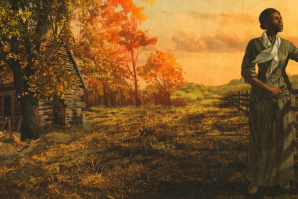 A drawing of Harriet Tubman as she stands at a fence with a sunset behind her.