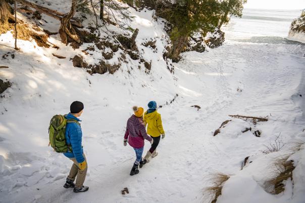 A snowy hike with friends at Presque Isle Park