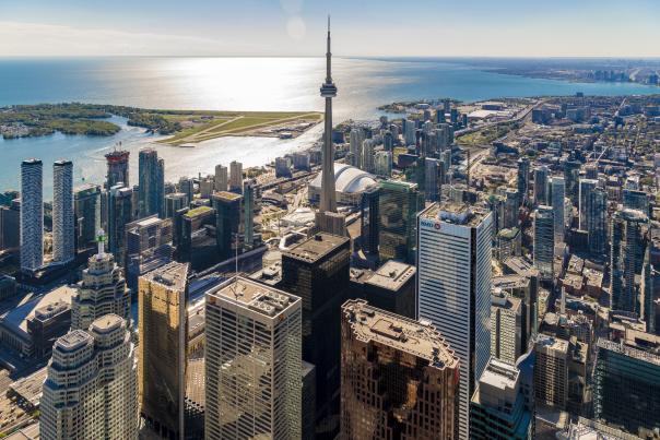 An aerial view of Toronto skyline including the Financial District