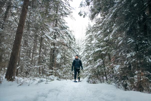 Man standing on a snowy trail in a winter forest, surrounded by snow-covered pine trees.
