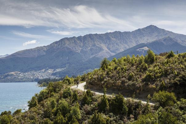 Person biking Jack's Point Trail, with Queenstown and Ben Lomond mountain in the background