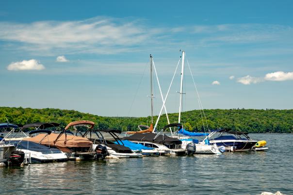 Boats are ready for a beautiful day on Lake Wallenpaupack.
