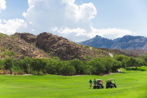 Three people standing beside two golf carts on a bright green golf course and desert mountains view
