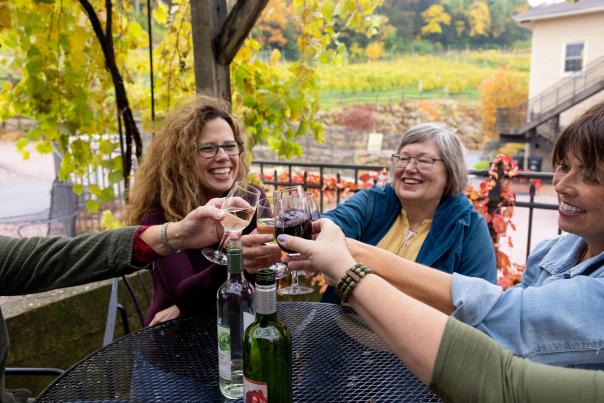 A group of white women cheersing their glasses of wine while sitting on a patio with fall colored trees behind them.