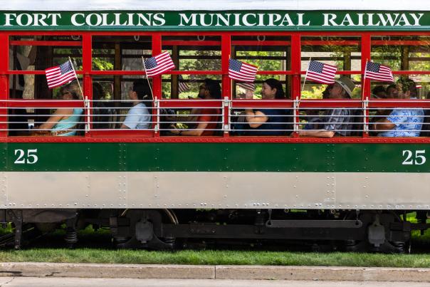 American flags on trolley on 4th of July