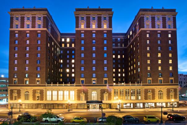 Outside at Night, lit up Marriott Syracuse Downtown