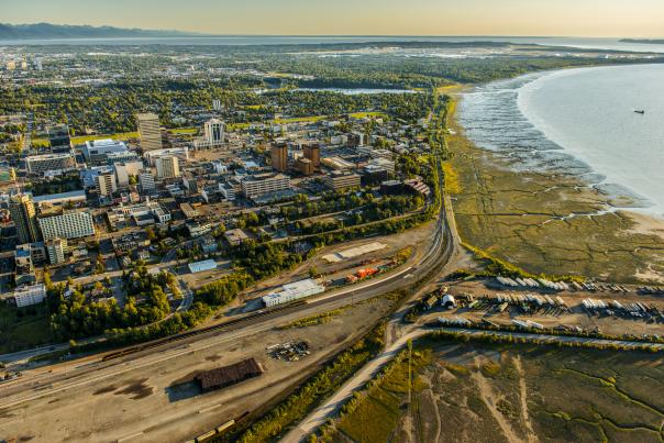 Aerial view of Anchorage skyline from Port