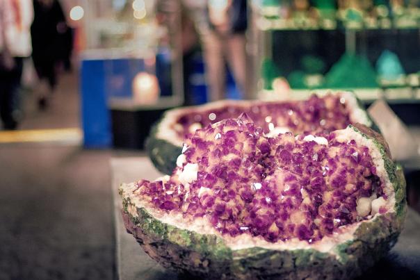 close up of a purple Geode on a table