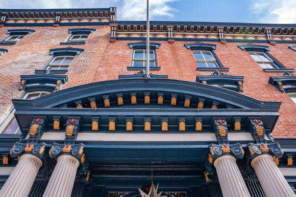 A close-up of the beautiful architectural detail on the buildings in historic Jim Thorpe, PA in the Poconos.