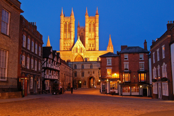 a view of Lincoln cathedral at night