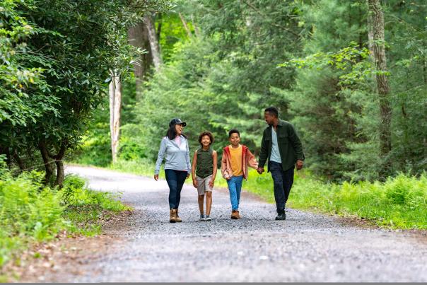 Family hiking a path in the woods at a state park