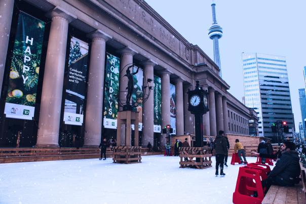 Skating at Union Station in Toronto in the winter
