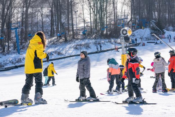 Children take a ski lesson at Shawnee Mountain in the Poconos.