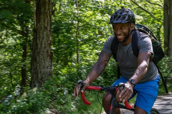A man enjoys a bike ride in the Pocono Mountains.
