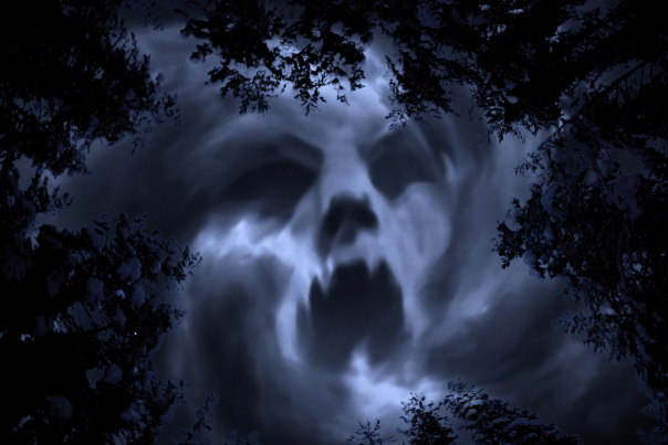 Image with pines and northern lights with a spooky face