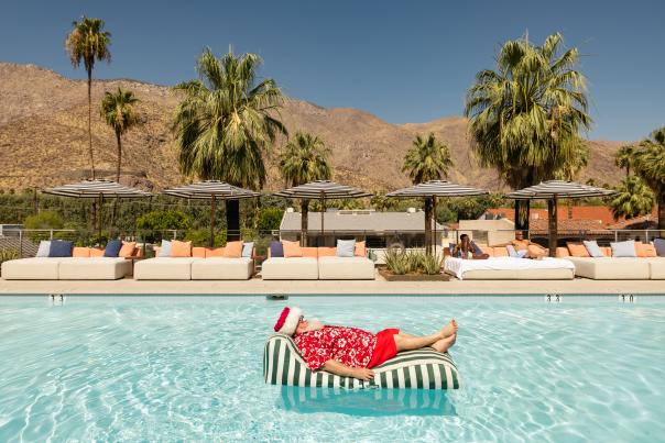 Santa on a pool float in Palm Springs