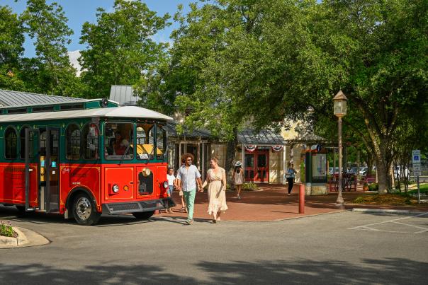 Visitor Information Center Patio with Trolley