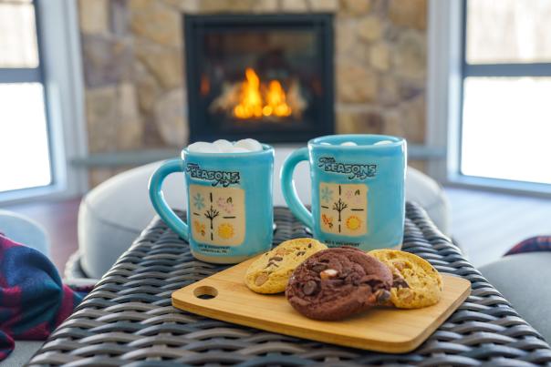 Cookies and hot beverages await by the fireplace at Four Seasons For Fun Bed and Breakfast in the Poconos.