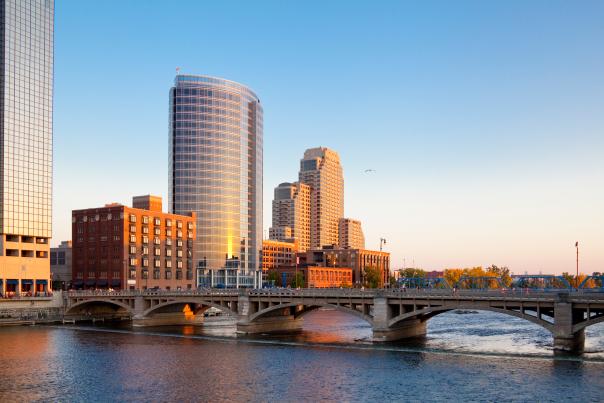 Various buildings from Varnum to Amway in the Grand Rapids, Michigan city skyline.