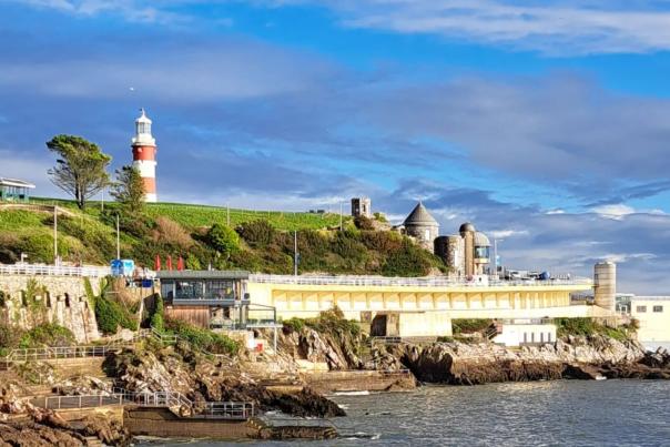 View of Plymouth Hoe from the sea on a sunny day