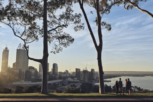 People looking at Perth City skyline and river with trees next to them