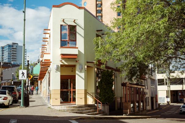 A narrow corner building.