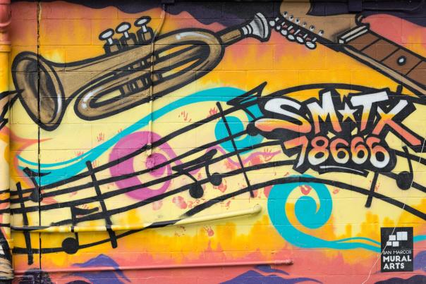 Close-up view of the Electric Jazz mural in San Marcos, Texas