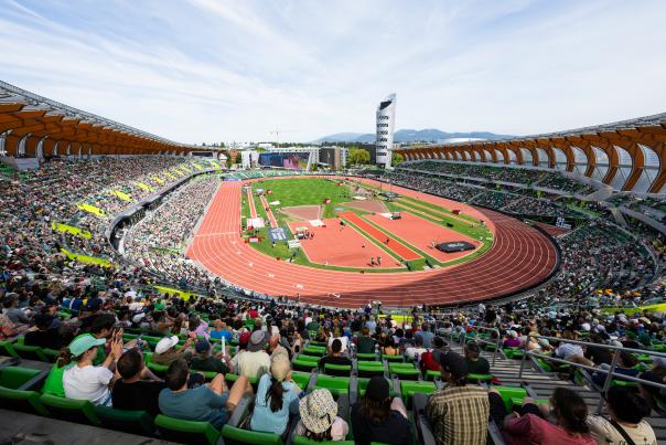 View of Hayward Field from the stands looking across the track to the tower.