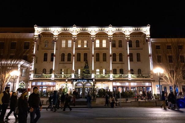 Lit up Adelphi Hotel at night during the Victorian Streetwalk