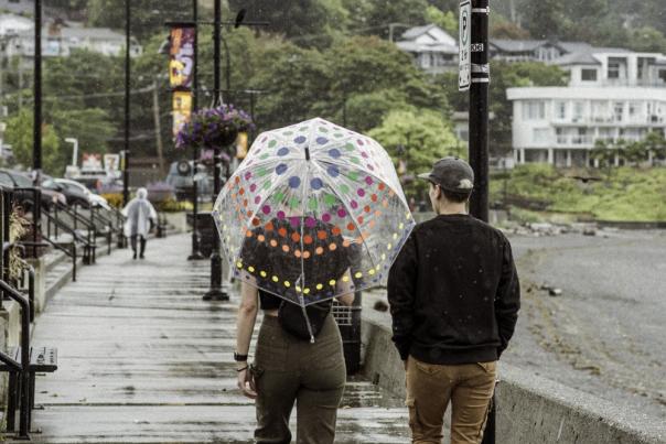 Two people walking in the rain under an umbrella.