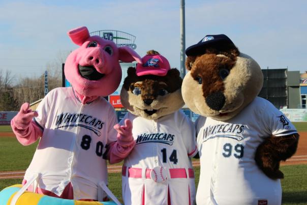 Mascots for the West Michigan Whitecaps