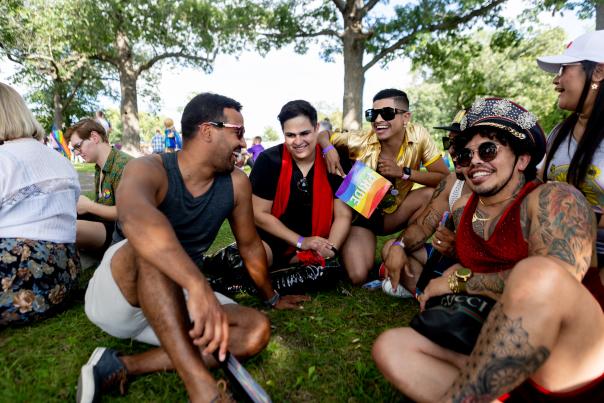 A group of people sit on the grass in a park, chatting together as one holds a rainbow Pride flag under large shade trees.