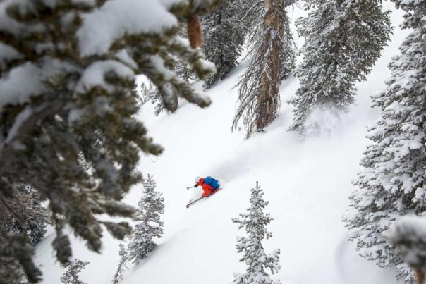 Skier going on an ungroomed track at Brighton Ski Resort