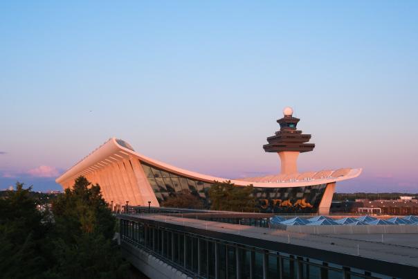 Washington Dulles International Airport during sunset.