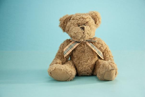 Teddy bear against blue background