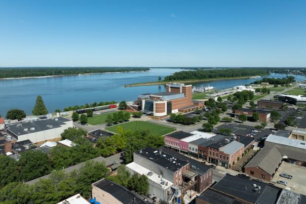 An aerial view of downtown Paducah with the Ohio and Tennessee rivers in the background.