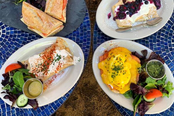 An overhead view of brunch plates at Blue Dahlia in San Marcos, Texas