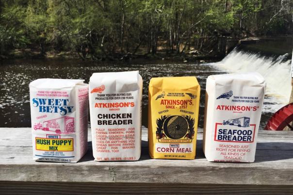 Atkinson Mill product bag line-up in front of the mill in Selma, NC.