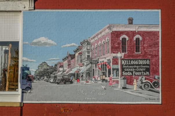 A mural of the buildings in downtown New Carlisle