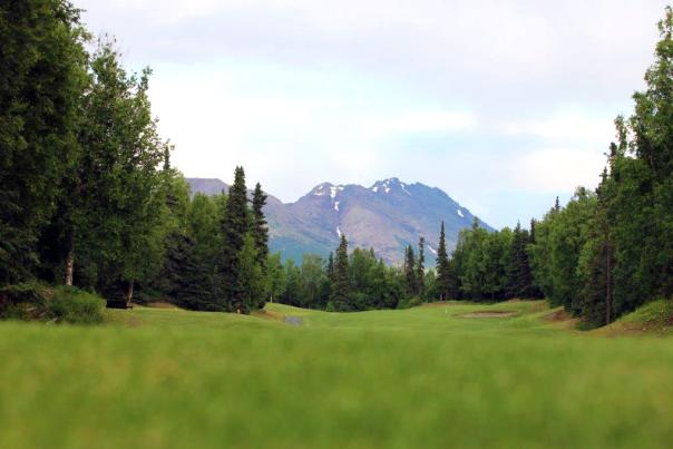 Anchorage Golf Course hole 108, fairway, and mountains