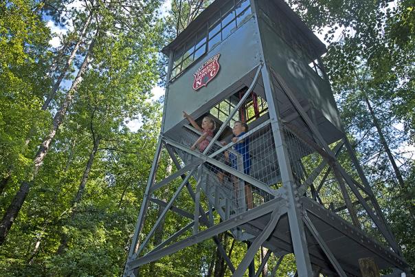 Clemmons State Forest fire tower with children, Clayton NC.