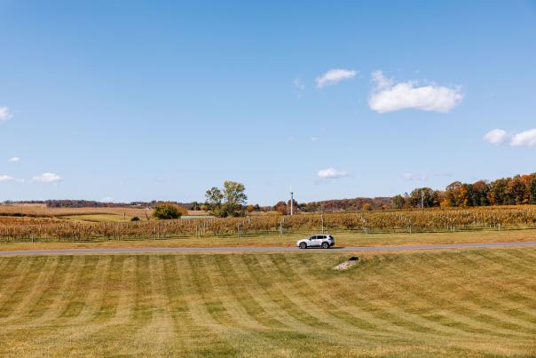 Car driving down the road at CrossKeys Vineyards