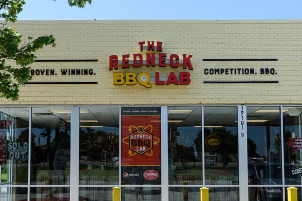 Exterior shot of the Redneck BBQ Lab restaurant in Benson, NC.