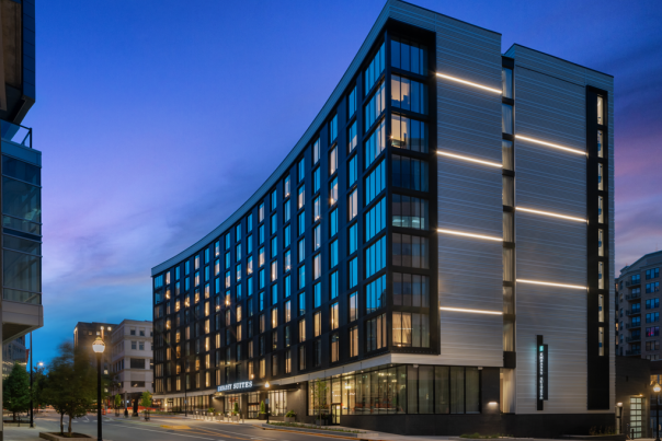 Embassy Suites Madison Downtown exterior at night