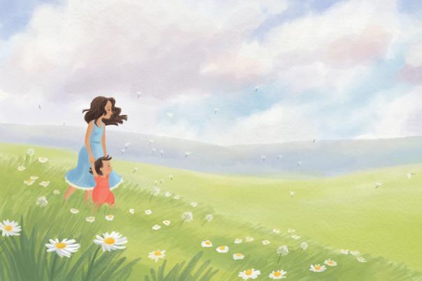 Illustration by Talitha Shipman of a mother and daughter in a meadow. Illustration is called "Finding Beauty Meadow"