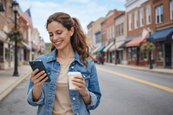 trails blog post cover - woman looking at her phone on a small town street holding a cup of coffee